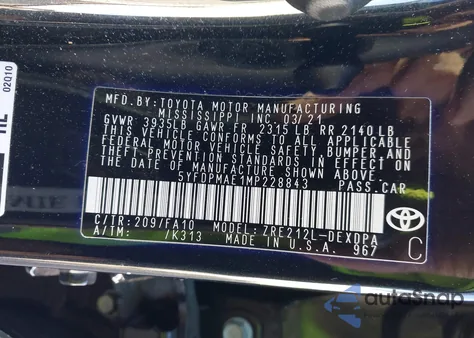 2021 Toyota Corolla L from USA, damaged, VIN 5YFDPMAE1MP228843